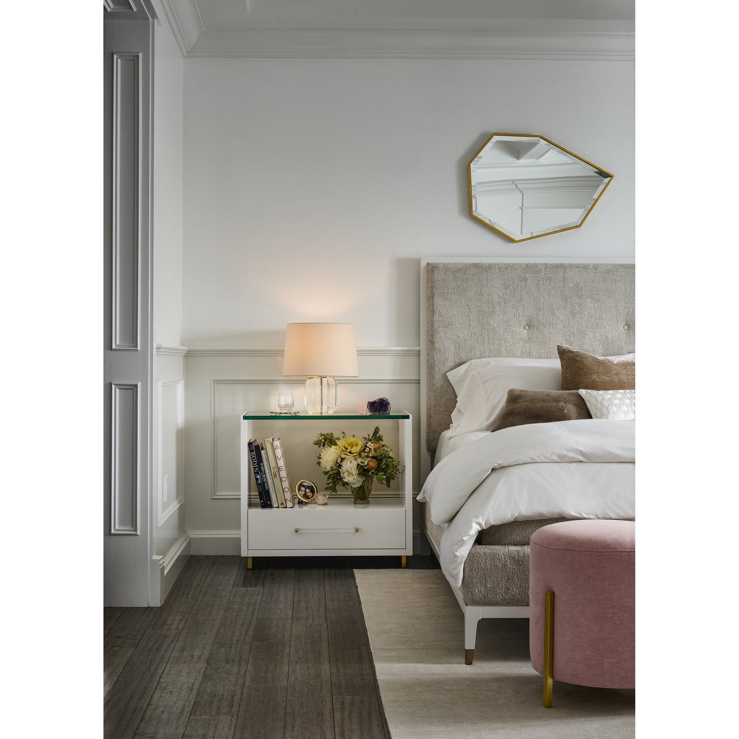 004 SR-909224 | Lifestyle | Peony Nightstand by Miranda Kerr Home in gold and alabaster. Made from unique in a modern style.