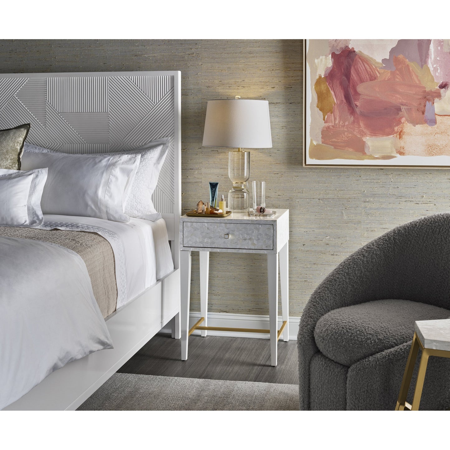 005 SR-909190 | Lifestyle | Bliss Bedside Table by Miranda Kerr Home in white and white lacquer. Made from unique in a transitional style.