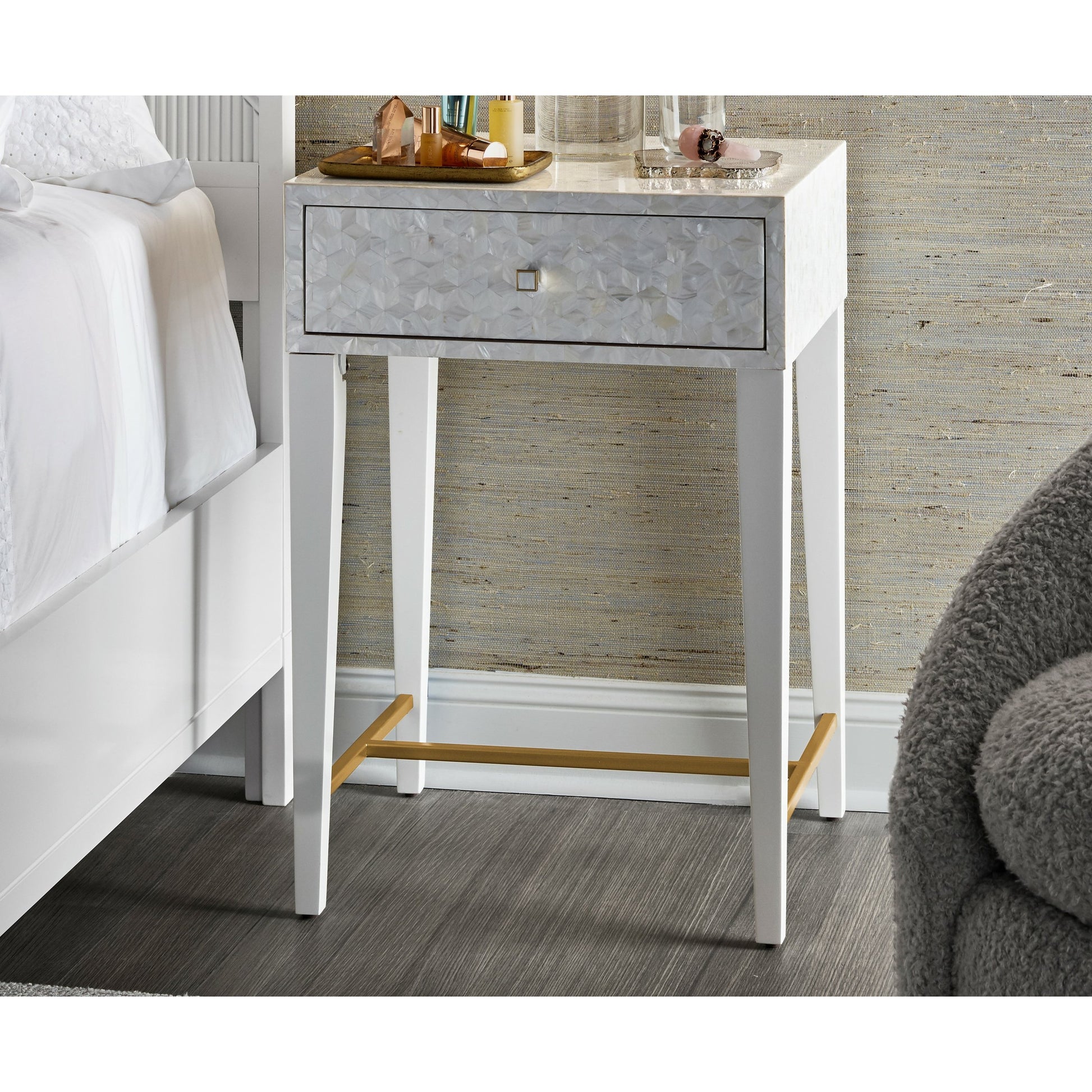 Bliss Bedside Table by Miranda Kerr Home in white and white lacquer. Made from unique in a transitional style.