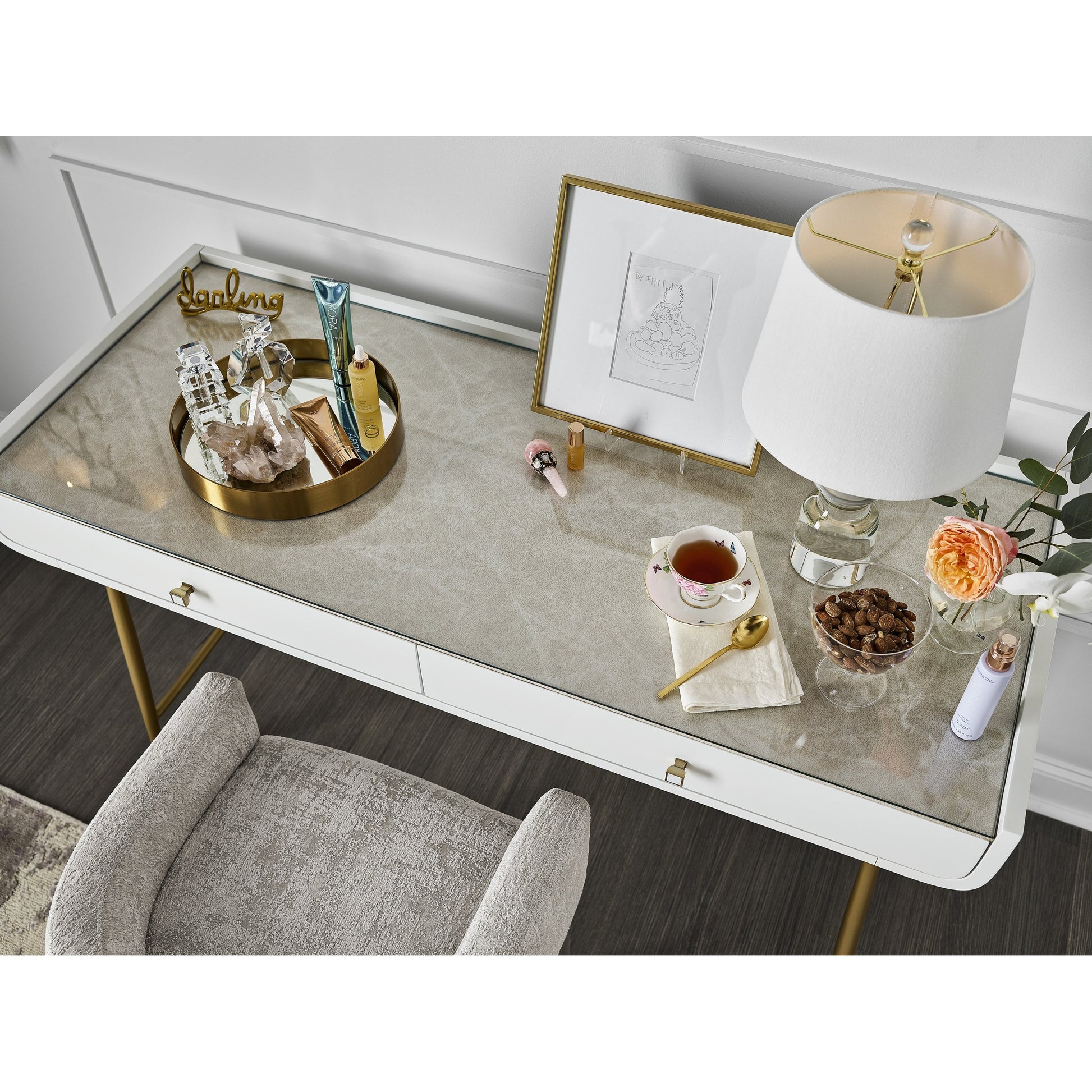 Allure Vanity Desk by Miranda Kerr Home in gold and white lacquer. Made from unique in a modern style.