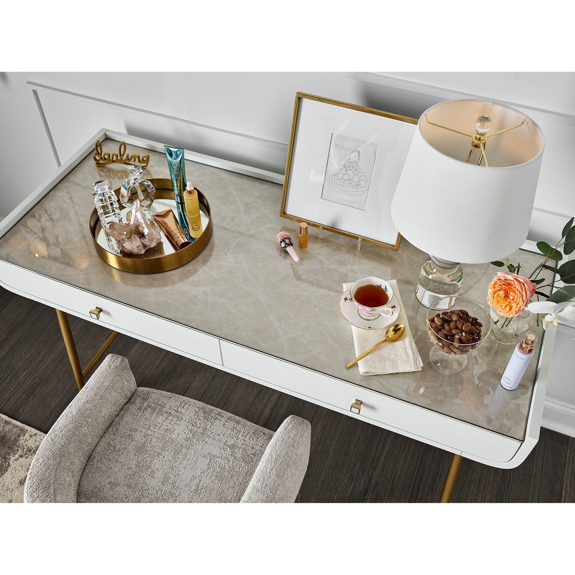 Allure Vanity Desk by Miranda Kerr Home in gold and white lacquer. Made from unique in a modern style.