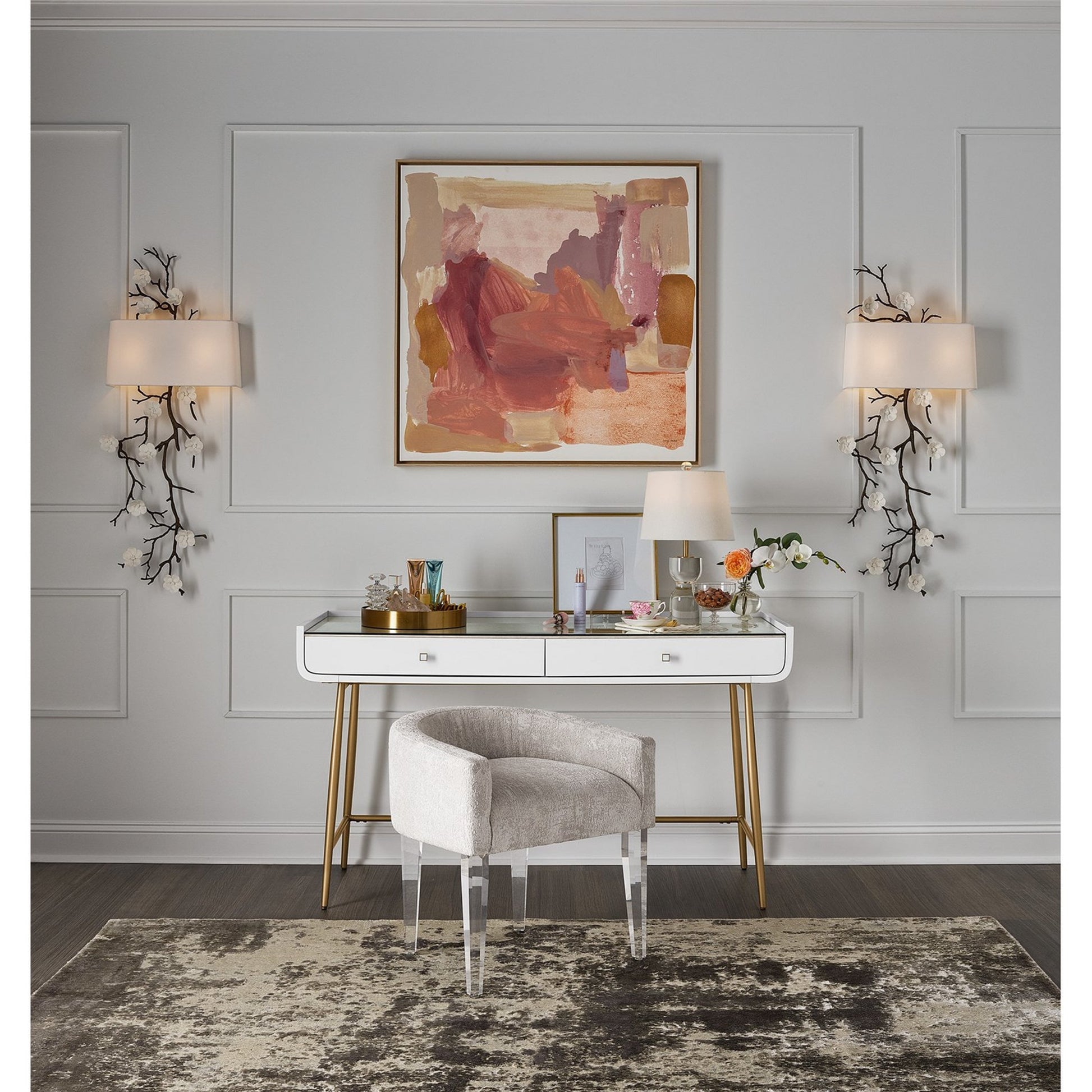 Love Joy Bliss Vanity Chair by Miranda Kerr Home in gold and lucite. Made from 81% rayon, 19% polyester in a modern style.