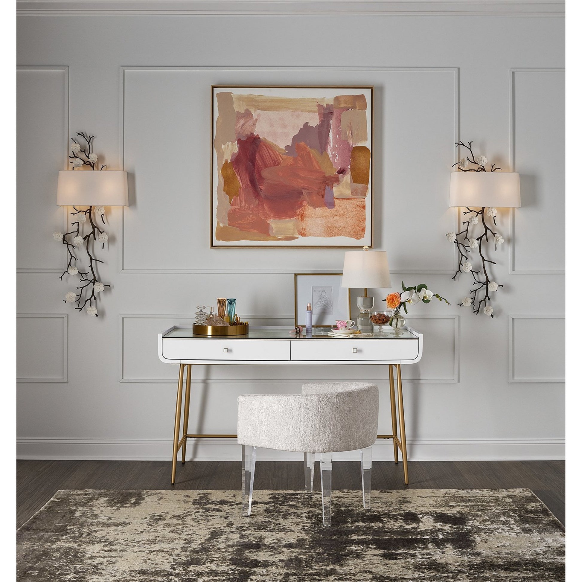 Love Joy Bliss Vanity Chair by Miranda Kerr Home in gold and lucite. Made from 81% rayon, 19% polyester in a modern style.