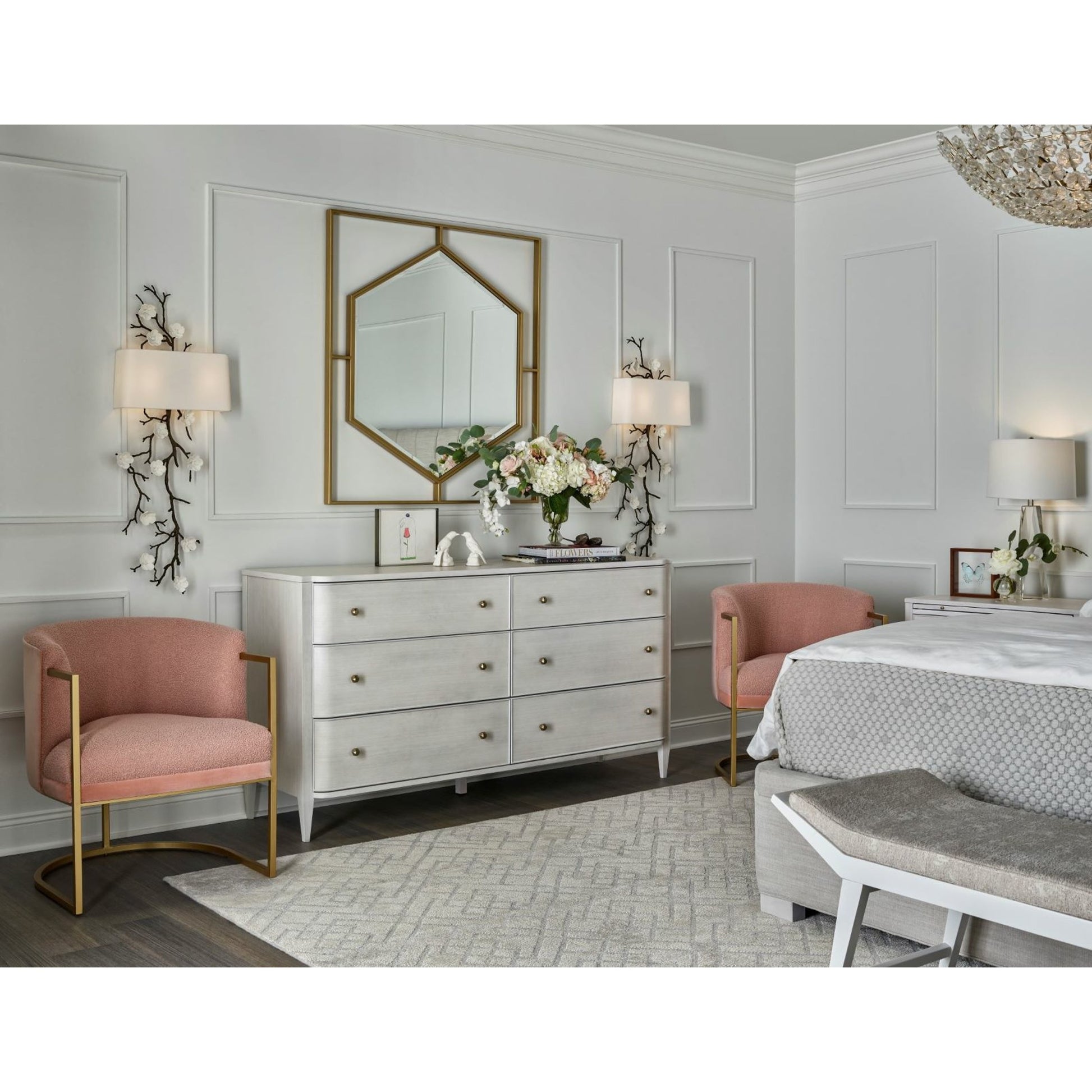 Chelsea Dresser by Miranda Kerr Home in gold and alabaster. Made from unique in a transitional style.