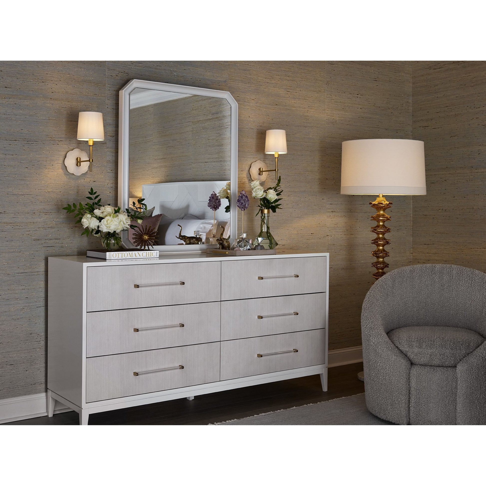 Brentwood Dresser by Miranda Kerr Home in gold and white lacquer. Made from unique in a transitional style.