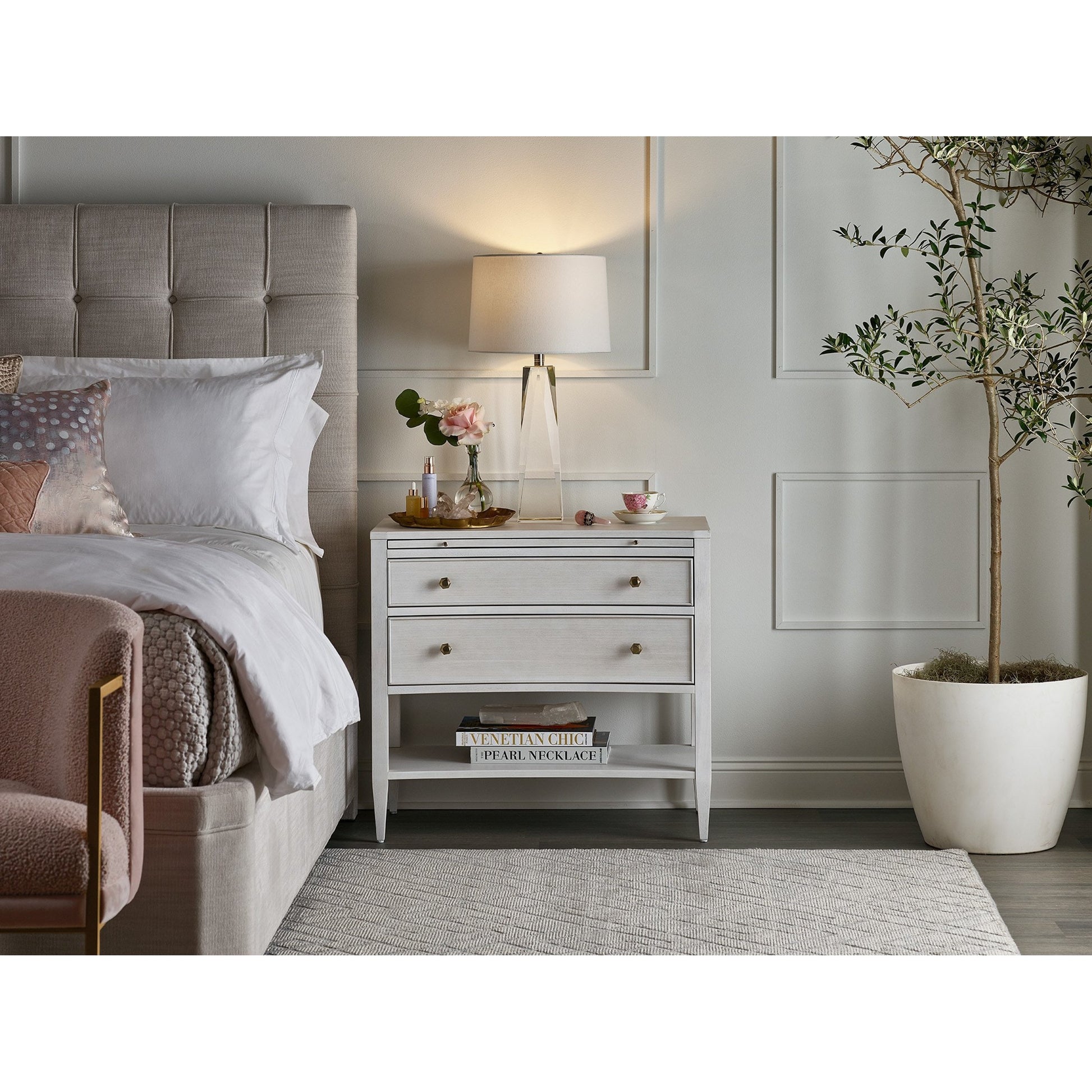 Chelsea Nightstand by Miranda Kerr Home in gold and alabaster. Made from unique in a transitional style.