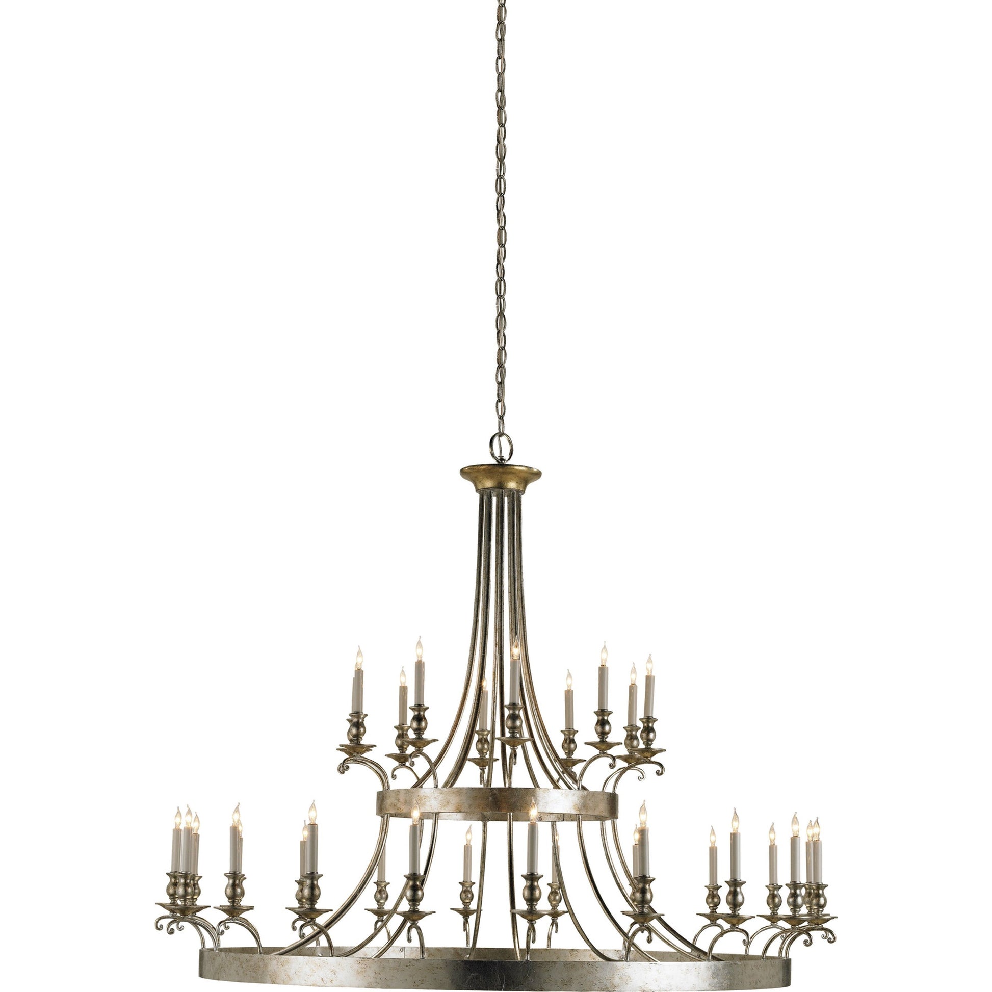 Lodestar Chandelier by Currey and Company in granello silver leaf, antique. Made from wrought iron, wood in a traditional style.