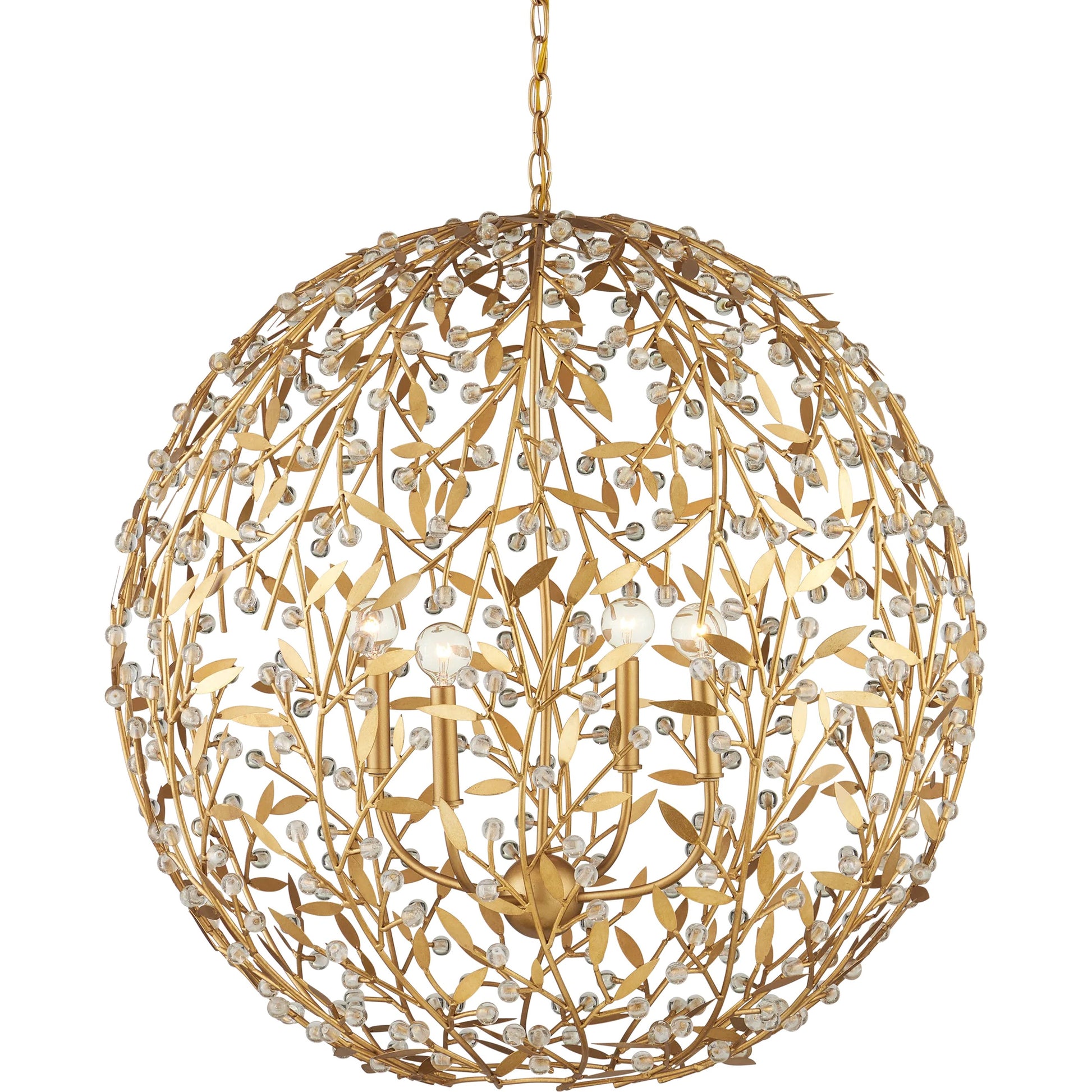 Secret Garden Orb Chandelier by Currey and Company in clear, contemporary gold leaf, contemporary gold. Made from crystal, wrought iron in a modern style.