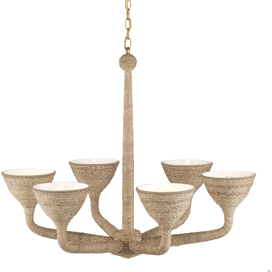 Marbella Chandelier by Currey and Company in natural, contemporary gold, sugar white. Made from abaca rope, wrought iron in a unique style.