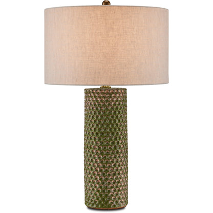 Polka Dot Table Lamp by Currey and Company in reactive blue, polished brass. Made from ceramic in a modern style.