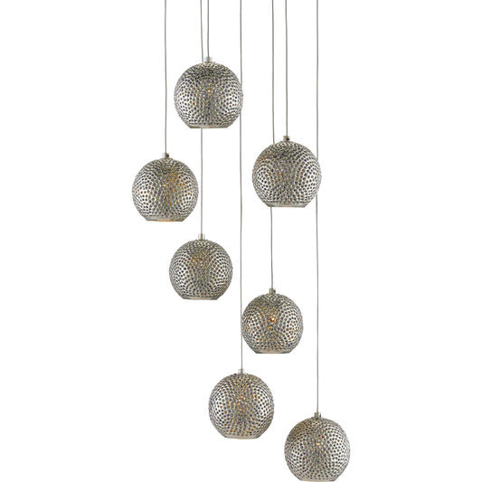 Giro Pendant by Currey and Company in painted silver, nickel, blue. Made from metal, glass bead in a modern style.