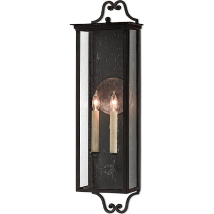 Giatti Outdoor Wall Sconce by Currey and Company in midnight (pure black). Made from wrought iron, glass in a traditional style.