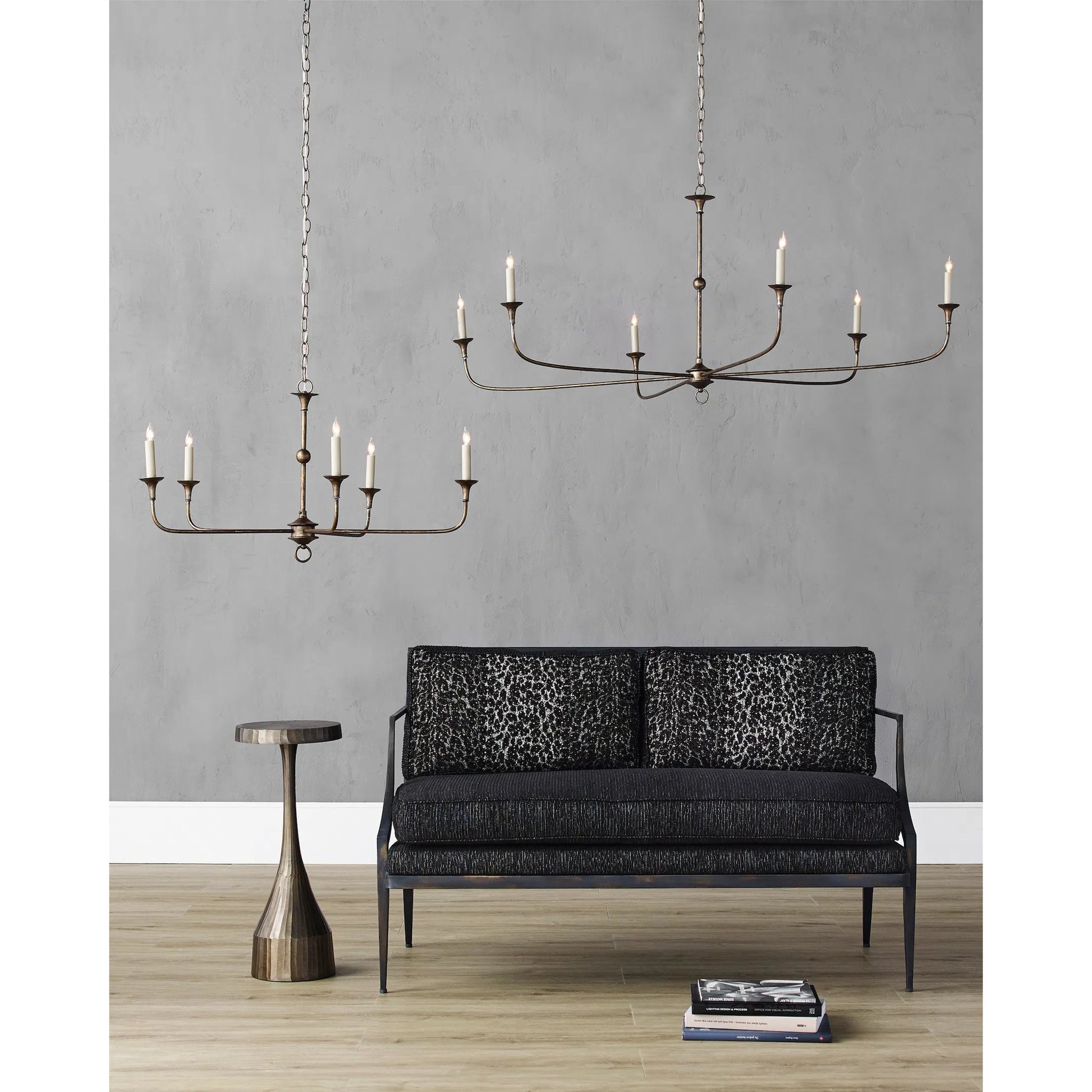 Nottaway Chandelier by Currey and Company. Made from wrought iron in a modern style.