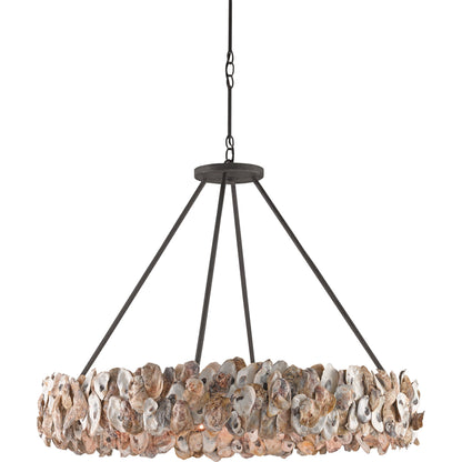 Oyster Circle Chandelier by Currey and Company in textured bronze, natural. Made from wrought iron, oyster shell in a coastal style.
