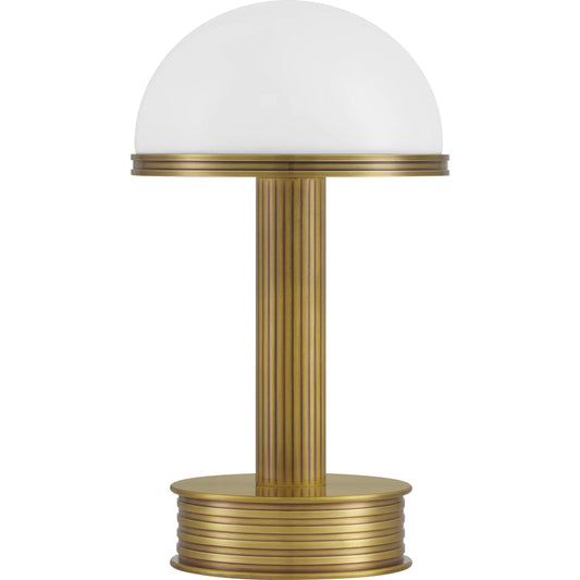 Promenade Cordless Table Lamp by Currey and Company in antique brass, milk. Made from metal, glass in a unique style.