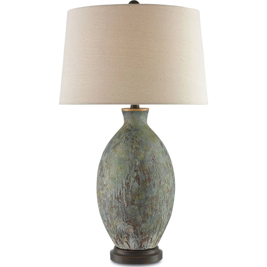 Remi Table Lamp by Currey and Company in green, dark red drip glaze, bronze gold. Made from terracotta, wood in a traditional style.