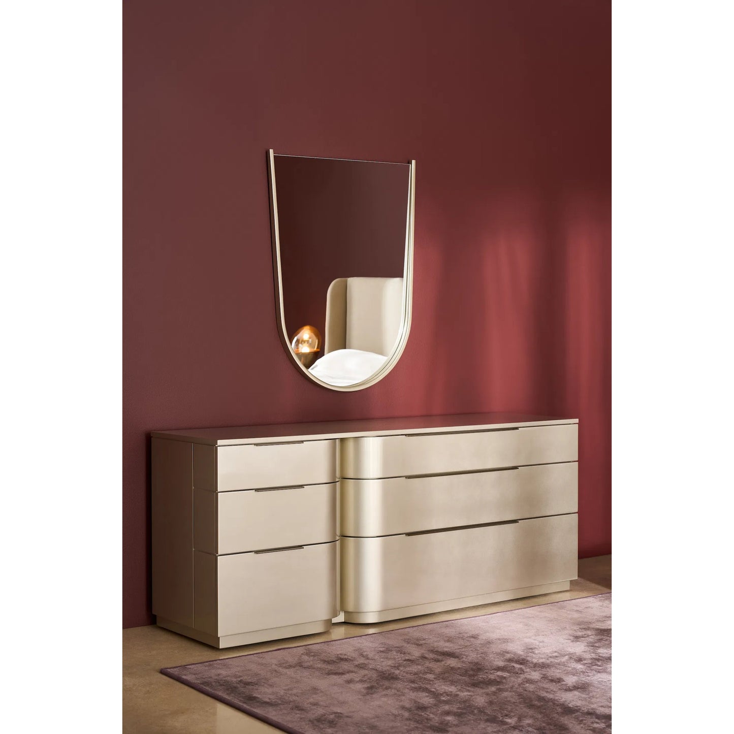 006 SI-2370817 | Lifestyle | Oblique Dresser by Caracole in soft silver paint gloss, brushed whisper of gold. Made from unique in a transitional style.
