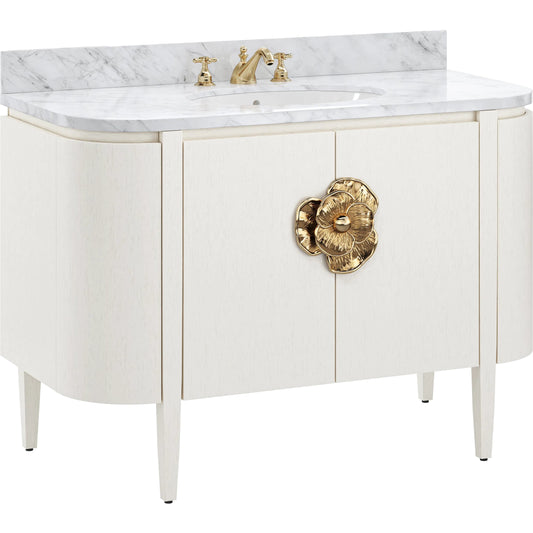 Briallen 48" Vanity with Oval Undermount Sink by Currey and Company. Made from white oak solids, veneers, carrara marble, vitreous china, brass in a unique style.