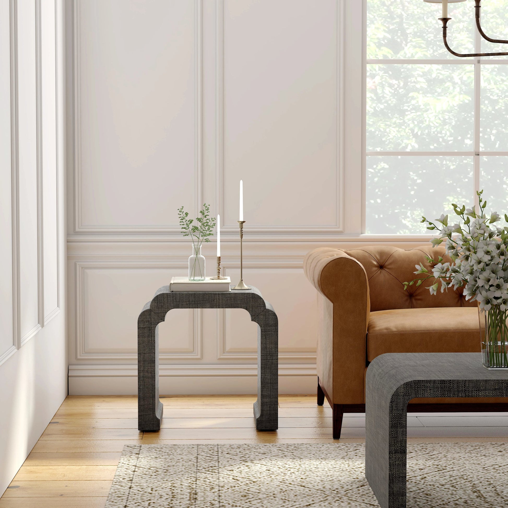 Chatham Raffia Waterfall Side Table by Butler Specialty Company in charcoal and charcoal raffia. Made from gmelina beechwood solids, mdf, raffia in a transitional style.
