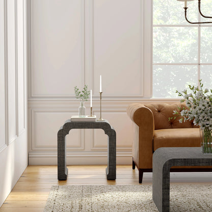 Chatham Raffia Waterfall Side Table by Butler Specialty Company in charcoal and charcoal raffia. Made from gmelina beechwood solids, mdf, raffia in a transitional style.