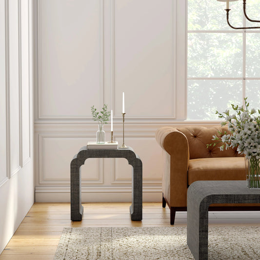 Chatham Raffia Waterfall Side Table by Butler Specialty Company in charcoal and charcoal raffia. Made from gmelina beechwood solids, mdf, raffia in a transitional style.