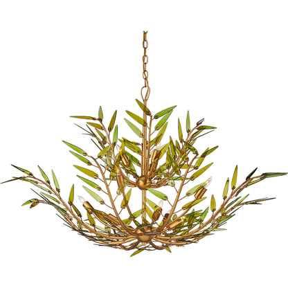 Babylon Two-Tier Chandelier by Currey and Company in green, contemporary gold leaf. Made from recycled bottle glass, wrought iron in a modern style.