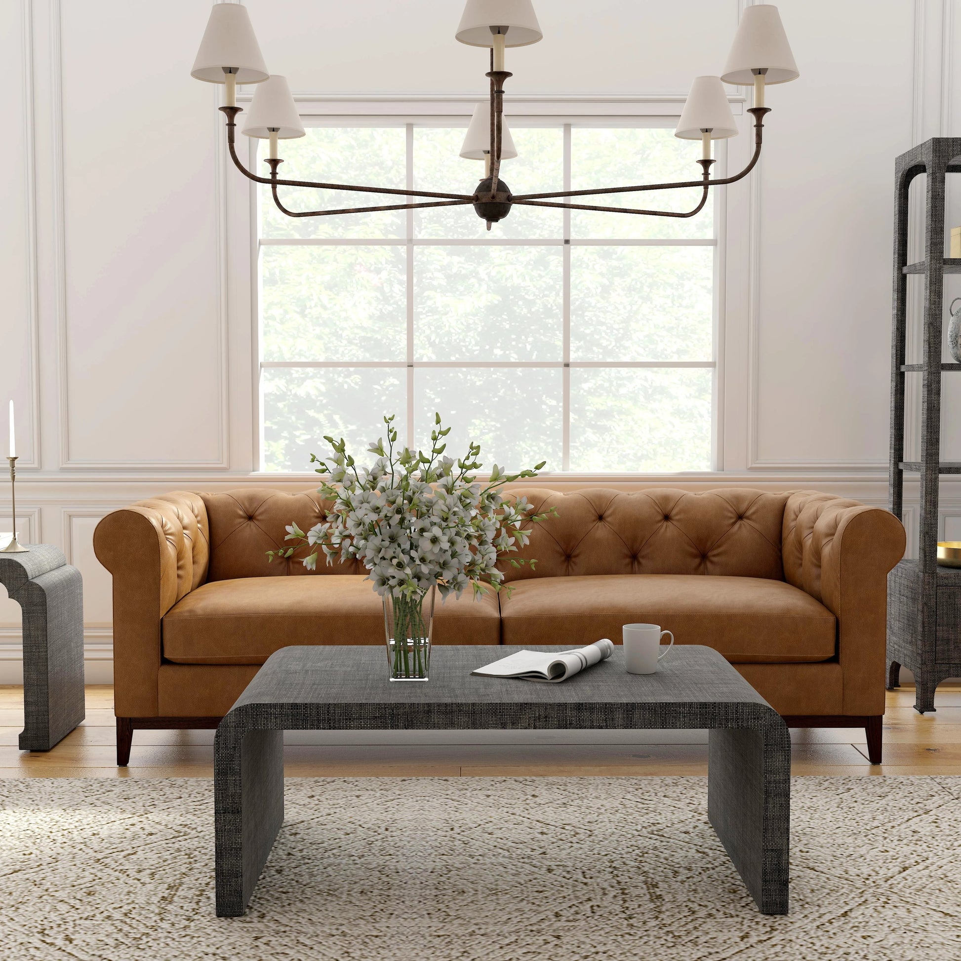 Chatham Raffia Waterfall Coffee Table by Butler Specialty Company in charcoal and charcoal raffia. Made from gmelina beechwood solids, mdf, raffia in a transitional style.