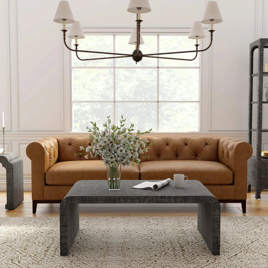 Chatham Raffia Waterfall Coffee Table by Butler Specialty Company in charcoal and charcoal raffia. Made from gmelina beechwood solids, mdf, raffia in a transitional style.