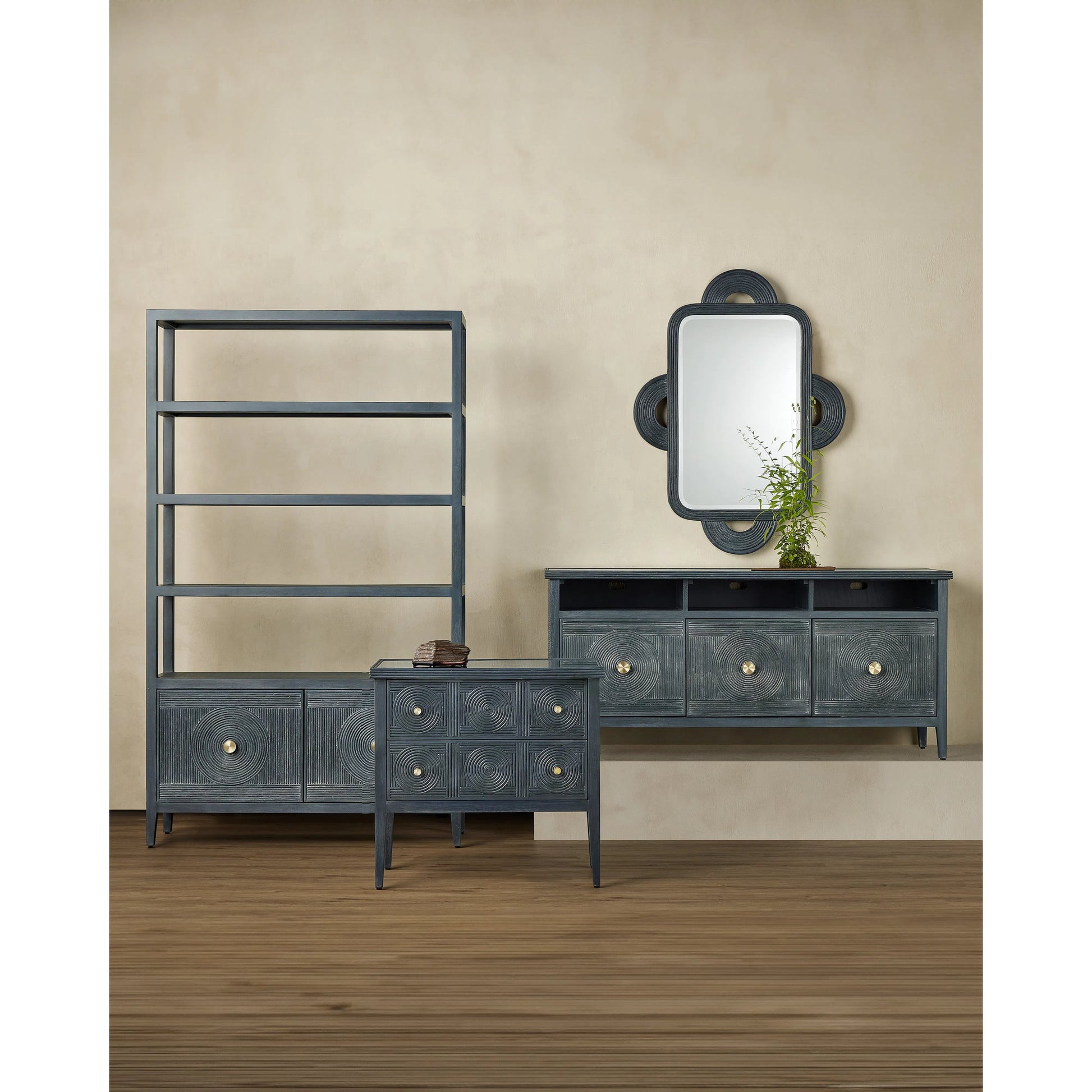 Santos 2-Drawer Chest by Currey and Company. Made from mahogany, rattan, brass, glass in a transitional style.