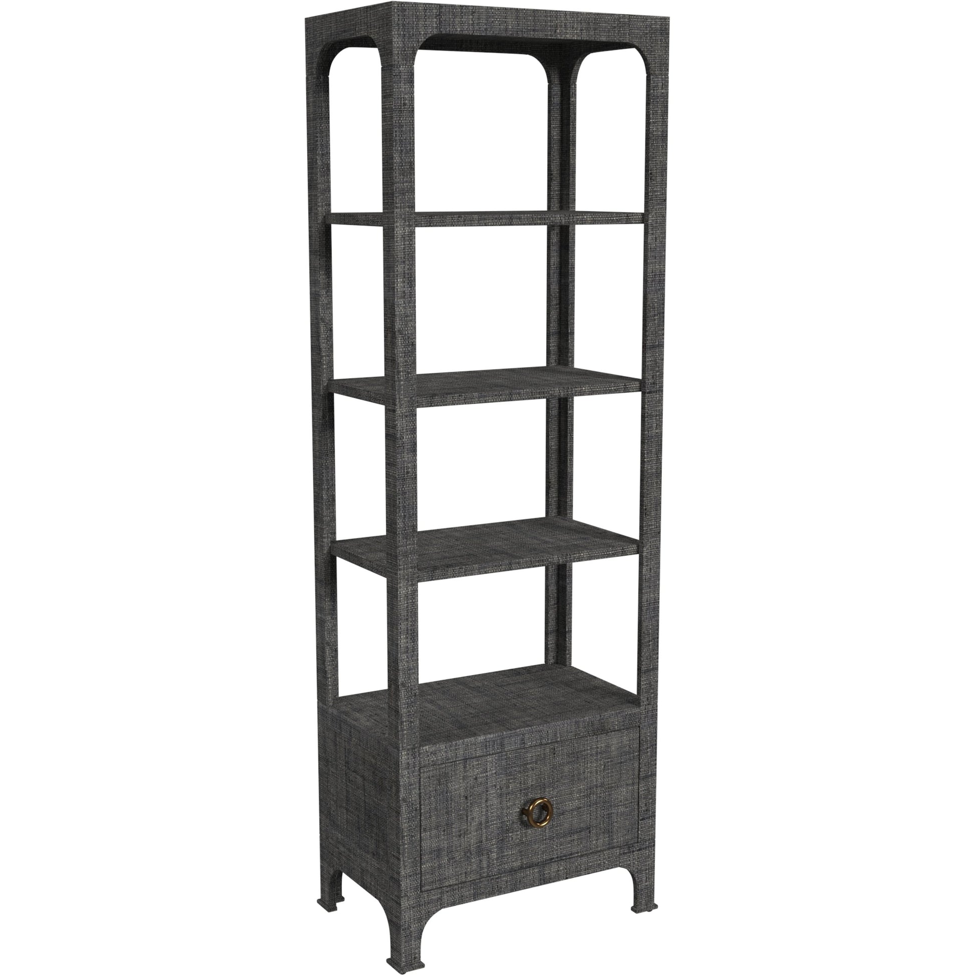 Chatham One Drawer 3 Shelf Natural Raffia Etagere Bookcase by Butler Specialty Company in gray and charcoal raffia. Made from gmelina beechwood solids, mdf panel with maple veneer, raffia, aluminium in a modern style.