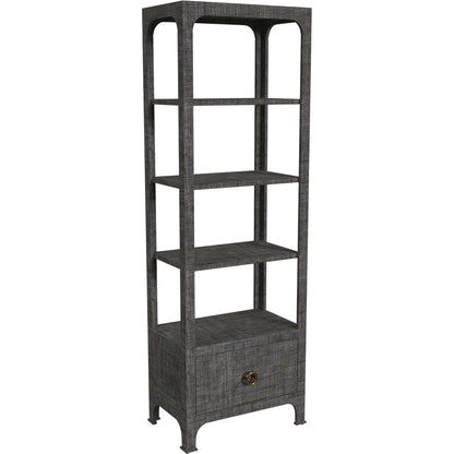 Chatham One Drawer 3 Shelf Natural Raffia Etagere Bookcase by Butler Specialty Company in gray and charcoal raffia. Made from gmelina beechwood solids, mdf panel with maple veneer, raffia, aluminium in a modern style.