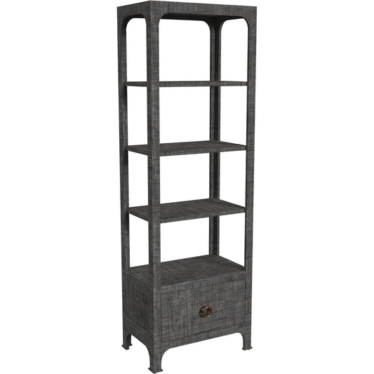 Chatham One Drawer 3 Shelf Natural Raffia Etagere Bookcase by Butler Specialty Company in gray and charcoal raffia. Made from gmelina beechwood solids, mdf panel with maple veneer, raffia, aluminium in a modern style.