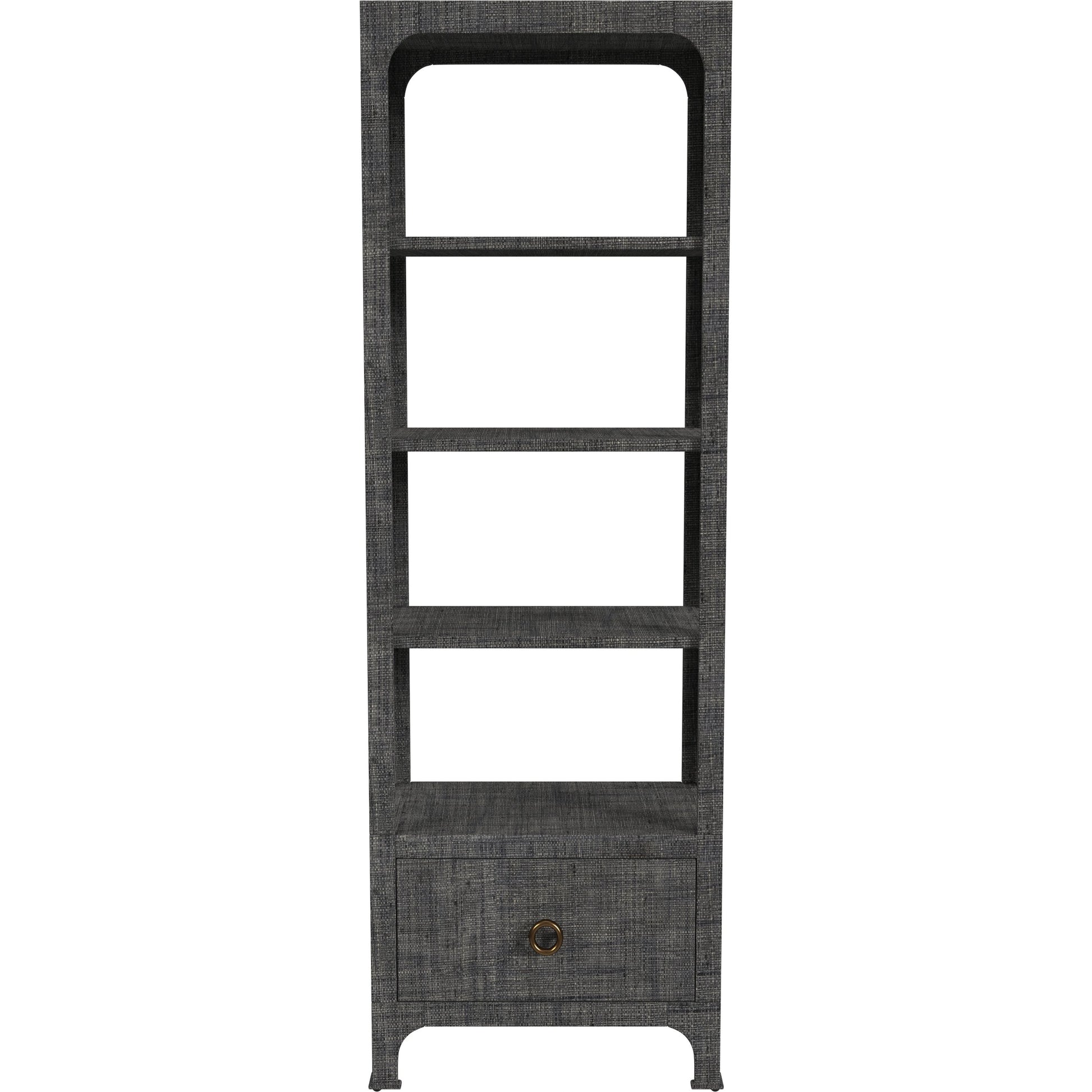 Chatham One Drawer 3 Shelf Natural Raffia Etagere Bookcase by Butler Specialty Company in gray and charcoal raffia. Made from gmelina beechwood solids, mdf panel with maple veneer, raffia, aluminium in a modern style.