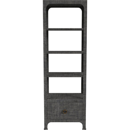Chatham One Drawer 3 Shelf Natural Raffia Etagere Bookcase by Butler Specialty Company in gray and charcoal raffia. Made from gmelina beechwood solids, mdf panel with maple veneer, raffia, aluminium in a modern style.