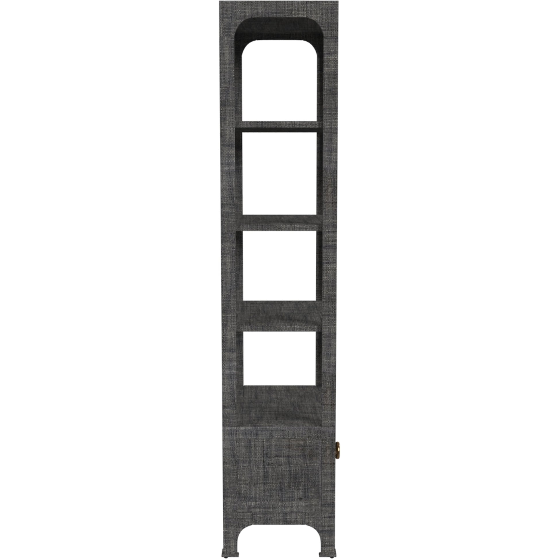Chatham One Drawer 3 Shelf Natural Raffia Etagere Bookcase by Butler Specialty Company in gray and charcoal raffia. Made from gmelina beechwood solids, mdf panel with maple veneer, raffia, aluminium in a modern style.