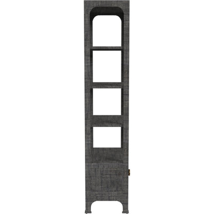 Chatham One Drawer 3 Shelf Natural Raffia Etagere Bookcase by Butler Specialty Company in gray and charcoal raffia. Made from gmelina beechwood solids, mdf panel with maple veneer, raffia, aluminium in a modern style.