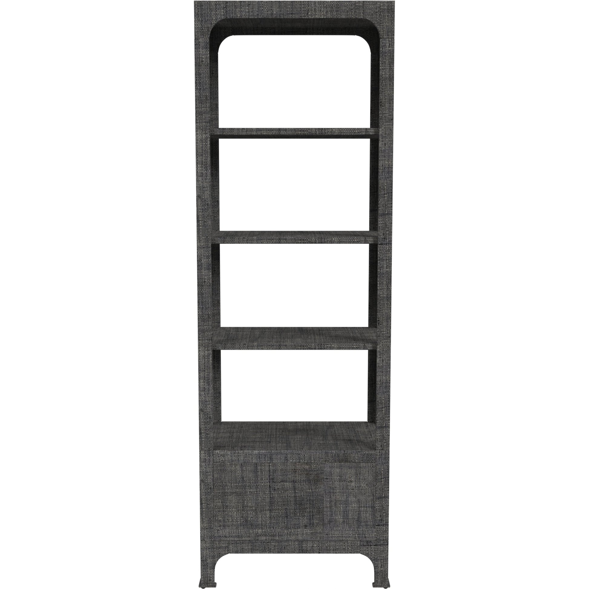 Chatham One Drawer 3 Shelf Natural Raffia Etagere Bookcase by Butler Specialty Company in gray and charcoal raffia. Made from gmelina beechwood solids, mdf panel with maple veneer, raffia, aluminium in a modern style.