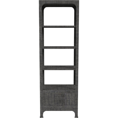 Chatham One Drawer 3 Shelf Natural Raffia Etagere Bookcase by Butler Specialty Company in gray and charcoal raffia. Made from gmelina beechwood solids, mdf panel with maple veneer, raffia, aluminium in a modern style.
