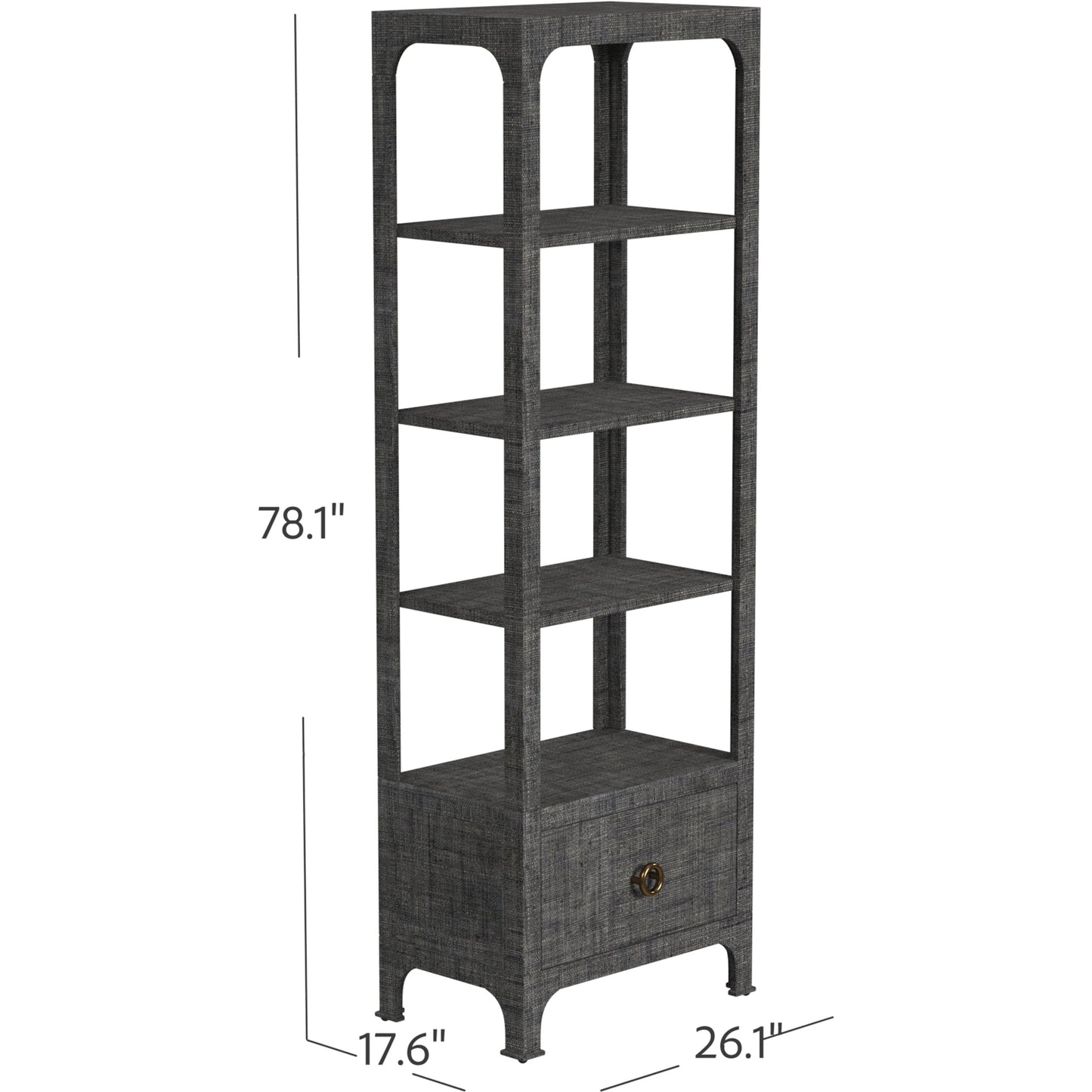 002 SI-2077888 | Additional Silo | Chatham One Drawer 3 Shelf Natural Raffia Etagere Bookcase by Butler Specialty Company in gray and charcoal raffia. Made from gmelina beechwood solids, mdf panel with maple veneer, raffia, aluminium in a modern style.