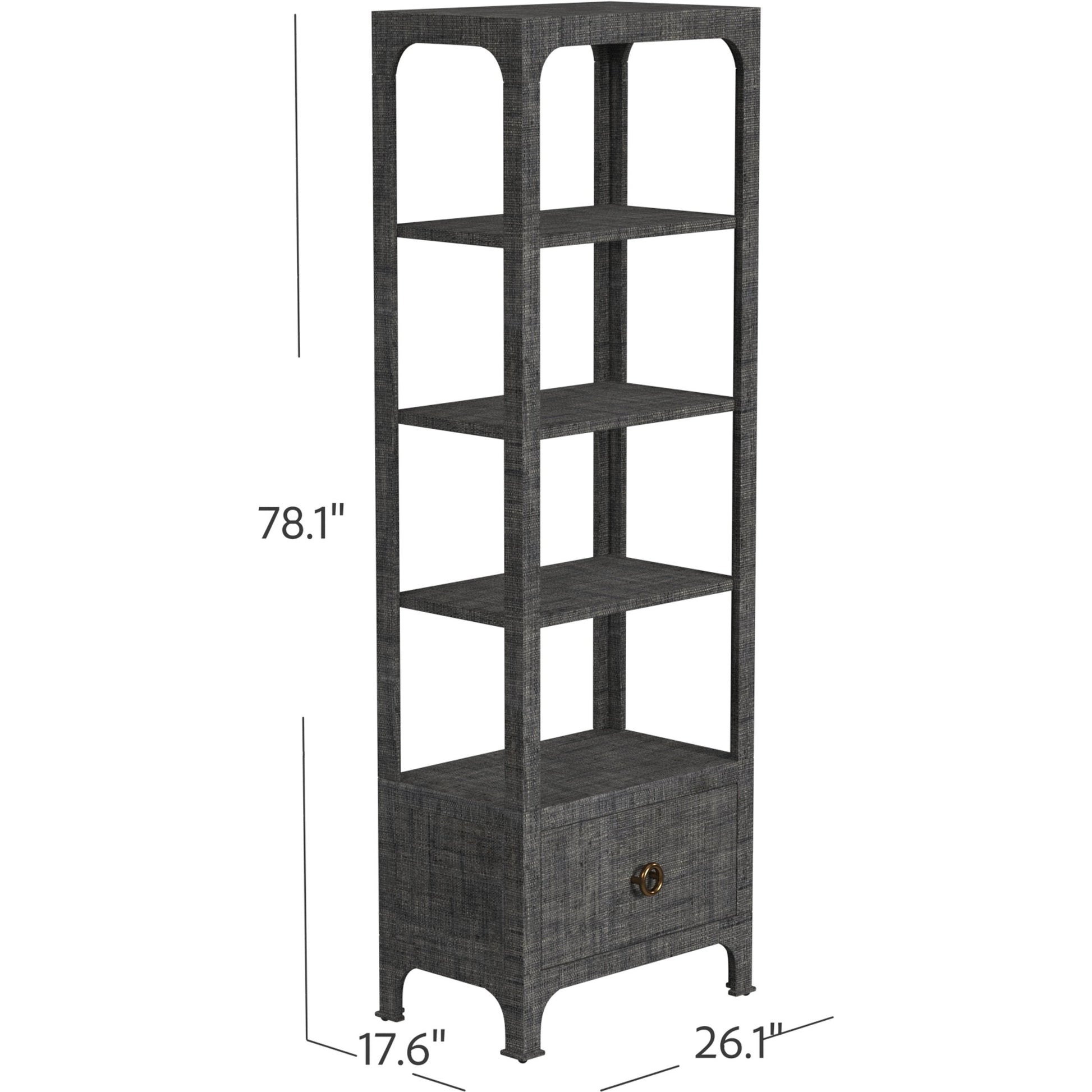 Chatham One Drawer 3 Shelf Natural Raffia Etagere Bookcase by Butler Specialty Company in gray and charcoal raffia. Made from gmelina beechwood solids, mdf panel with maple veneer, raffia, aluminium in a modern style.