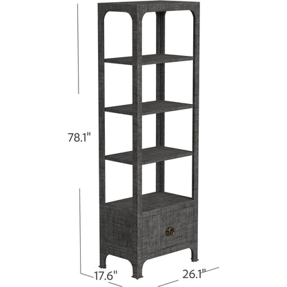 Chatham One Drawer 3 Shelf Natural Raffia Etagere Bookcase by Butler Specialty Company in gray and charcoal raffia. Made from gmelina beechwood solids, mdf panel with maple veneer, raffia, aluminium in a modern style.