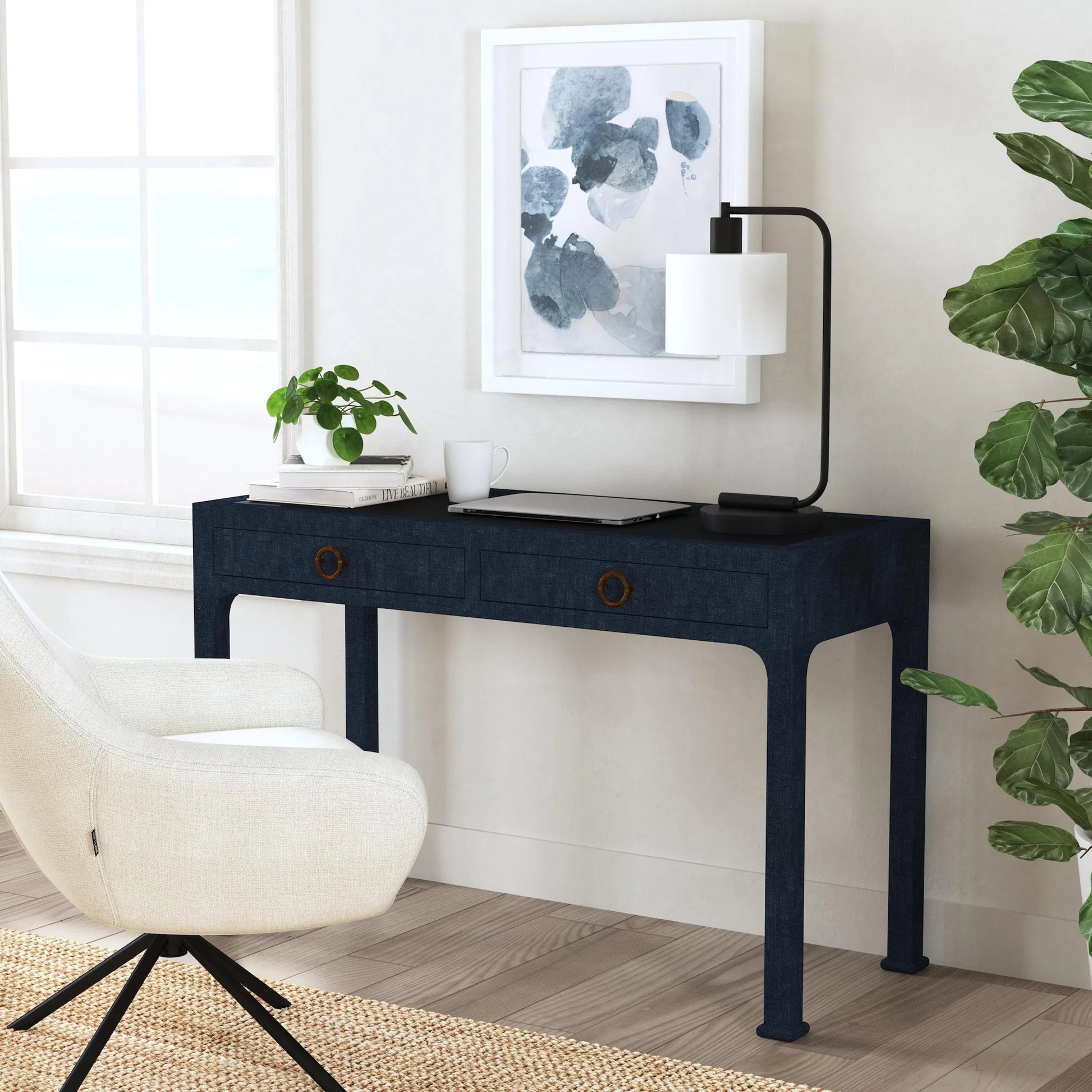 Chatham Raffia 2-Drawer Desk by Butler Specialty Company in natural. Made from saguran raffia, gmelina arborea wood, mdf, oak veneer, aluminum in a unique style.