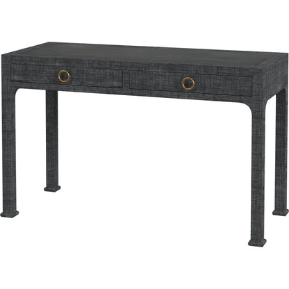 Chatham Raffia Desk by Butler Specialty Company in charcoal and charcoal raffia. Made from gmelina solids (in english: beechwood), mdf, oak veneer, saguran raffia, aluminum in a transitional style.