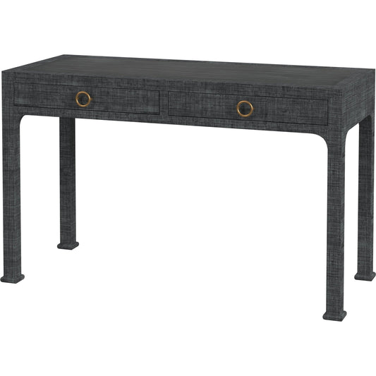 Chatham Raffia Desk by Butler Specialty Company in charcoal and charcoal raffia. Made from gmelina solids (in english: beechwood), mdf, oak veneer, saguran raffia, aluminum in a transitional style.