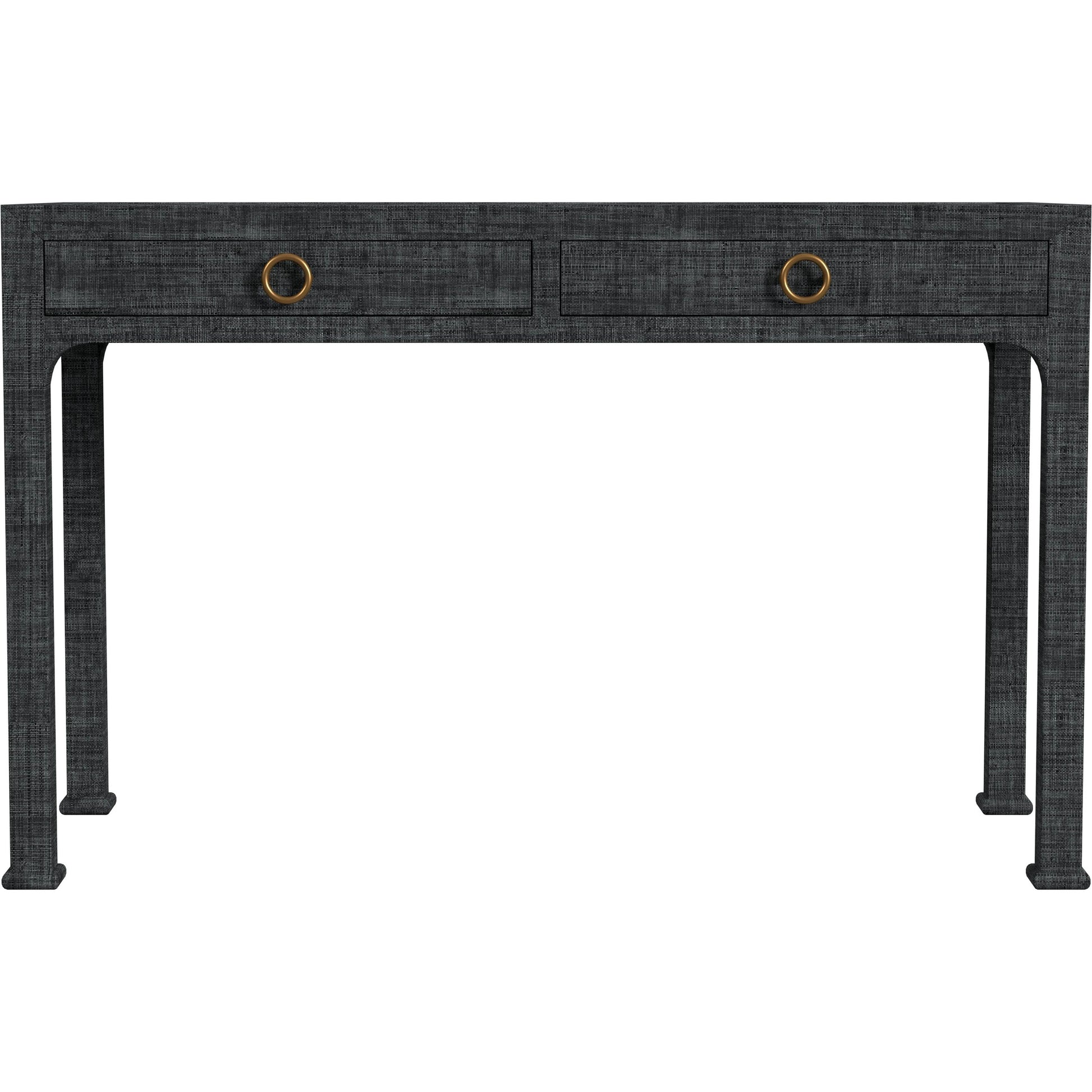 Chatham Raffia Desk by Butler Specialty Company in charcoal and charcoal raffia. Made from gmelina solids (in english: beechwood), mdf, oak veneer, saguran raffia, aluminum in a transitional style.
