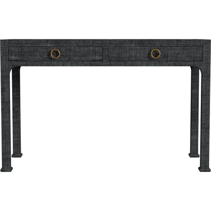 Chatham Raffia Desk by Butler Specialty Company in charcoal and charcoal raffia. Made from gmelina solids (in english: beechwood), mdf, oak veneer, saguran raffia, aluminum in a transitional style.