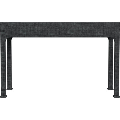 Chatham Raffia Desk by Butler Specialty Company in charcoal and charcoal raffia. Made from gmelina solids (in english: beechwood), mdf, oak veneer, saguran raffia, aluminum in a transitional style.