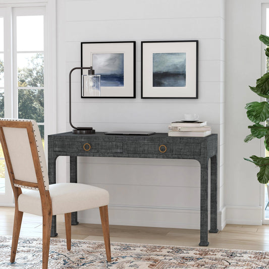 Chatham Raffia Desk by Butler Specialty Company in charcoal and charcoal raffia. Made from gmelina solids (in english: beechwood), mdf, oak veneer, saguran raffia, aluminum in a transitional style.