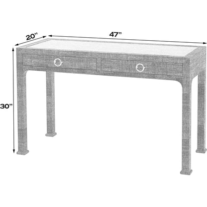 Chatham Raffia Desk by Butler Specialty Company in charcoal and charcoal raffia. Made from gmelina solids (in english: beechwood), mdf, oak veneer, saguran raffia, aluminum in a transitional style.