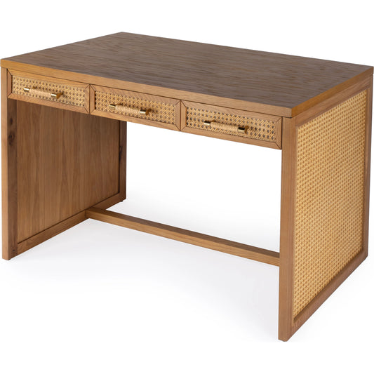 Mesa 3-Drawer Writing Desk by Butler Specialty Company in natural & cane. Made from solid oak, mdf veneer oak, cane in a cottage & farmhouse style.